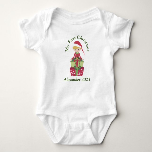 Custom My First Christmas Boy Elf Baby Bodysuit (Front)