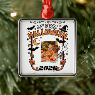 Custom My First Halloween 2026 Baby Photo Name T-S Metal Tree Decoration