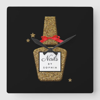 CUSTOM NAIL salon Golden glitter stylist Square Wall Clock