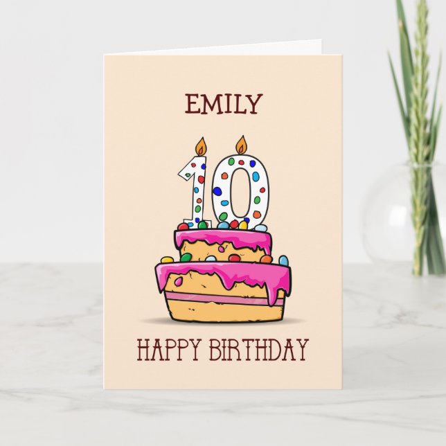 Custom Name, 10th Birthday, 10 on Sweet Pink Cake Card (Front)