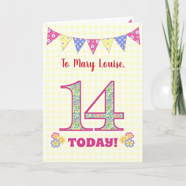 Custom Name 14th Birthday Primroses Bunting Card (Front)