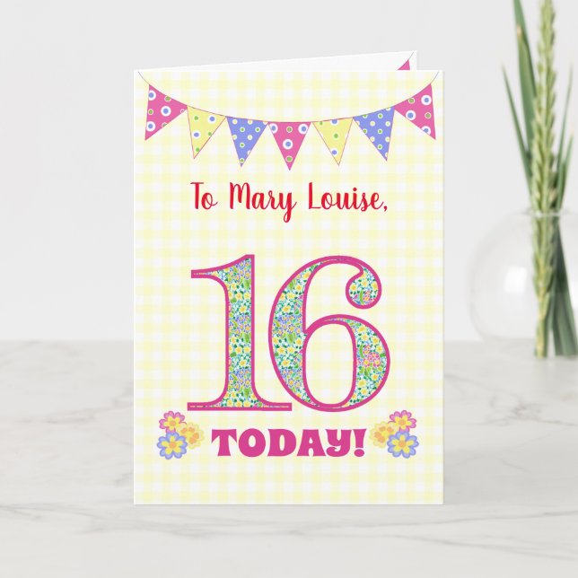 Custom Name 16th Birthday Primroses Bunting Card (Front)