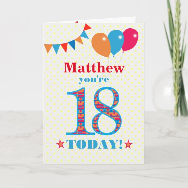 Custom Name 18th Birthday Bunting Balloons Card (Front)