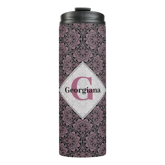 Custom Name 1920s Dusky Rose Floral Fronds Mandala Thermal Tumbler (Front)