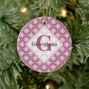 Custom Name 1920s Radiant Dusky Rose Dot Mandala Ceramic Tree Decoration