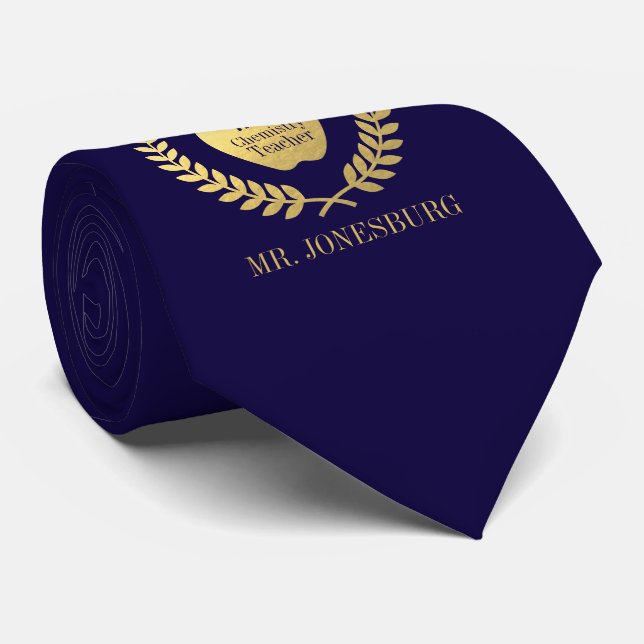 Custom Name #1 Teacher Indigo Faux Gold Tie (Rolled)