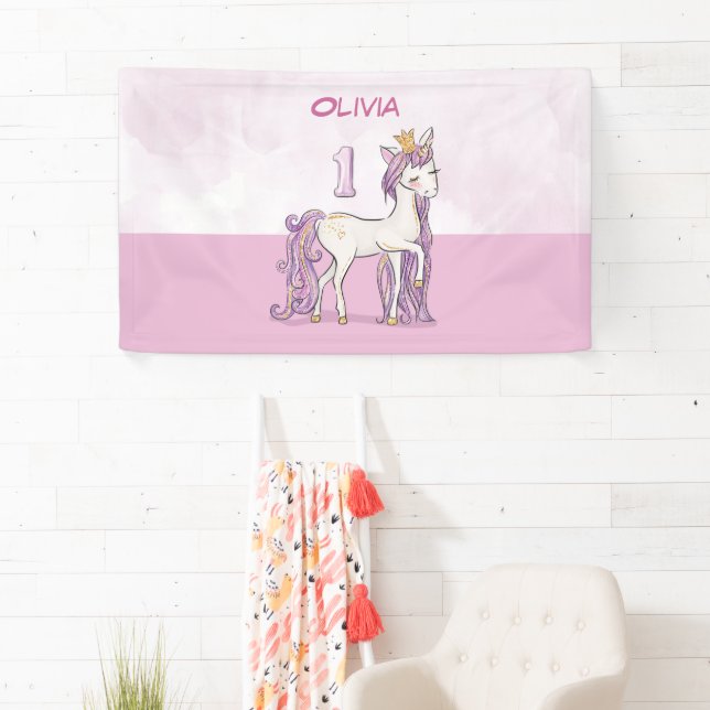 Custom Name 1st Birthday Pink Horse With Crown Banner (Insitu)