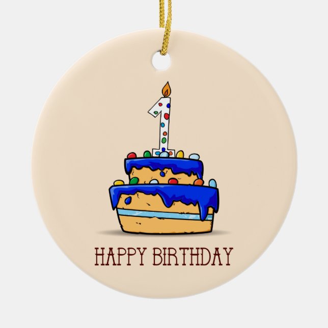 Custom Name, 1st Birthday, Sweet Blue Cake Ceramic Tree Decoration (Front)