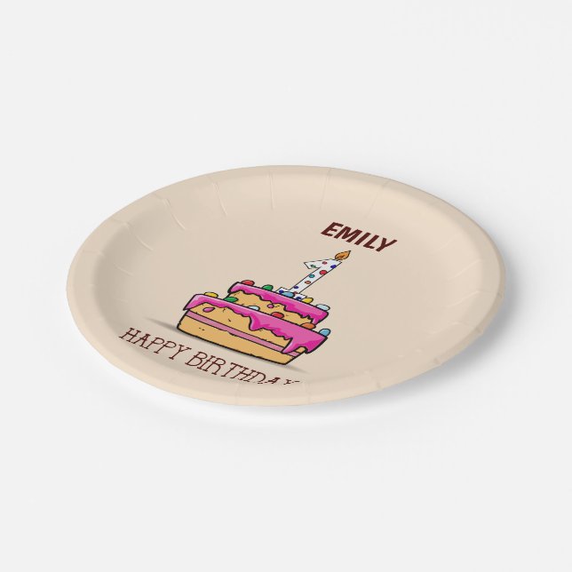 Custom Name, 1st Birthday, Sweet Pink Cake Paper Plate (Angled)