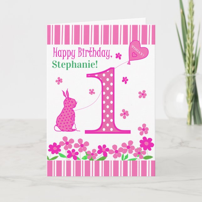 Custom Name 1st Birthday with Pink Bunny Card (Front)