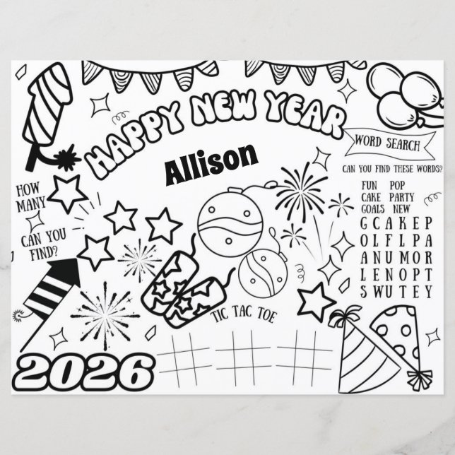 Custom Name 2026 New Years Colouring Page (Front)