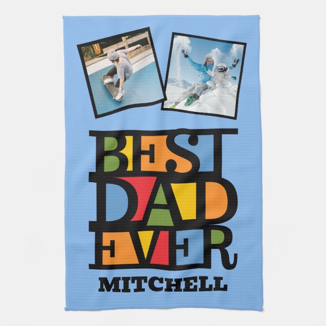 Custom Name & 2 Photos BEST DAD EVER Tea Towel (Vertical)