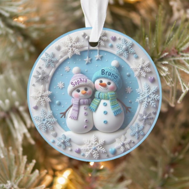 Custom name 2D Snowmen Couple Ornament (Tree)