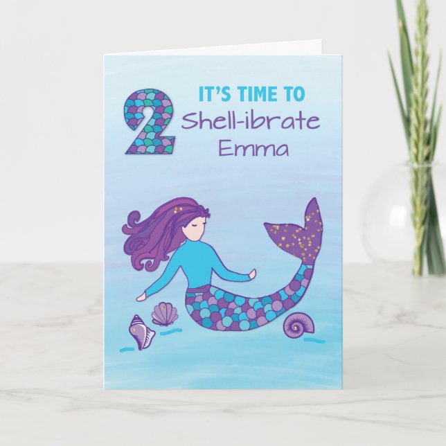 Custom Name 2nd Birthday Sparkly Look Mermaid Card (Front)