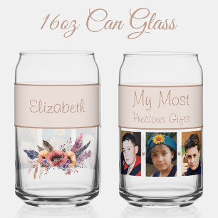 Custom name 3 photo flowers brown can glass