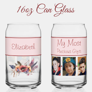 Custom name 3 photo flowers pink can glass