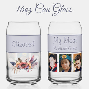 Custom name 3 photo flowers purple can glass