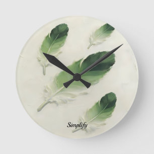 Custom Name 3D Green Feather Modern Clock⁠ Round Clock