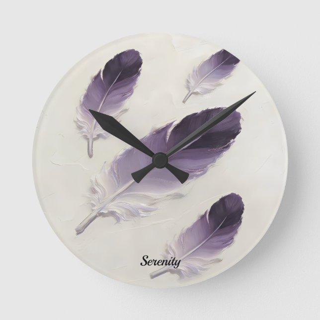 Custom Name 3D Purple Lavender Feather Modern Round Clock (Front)