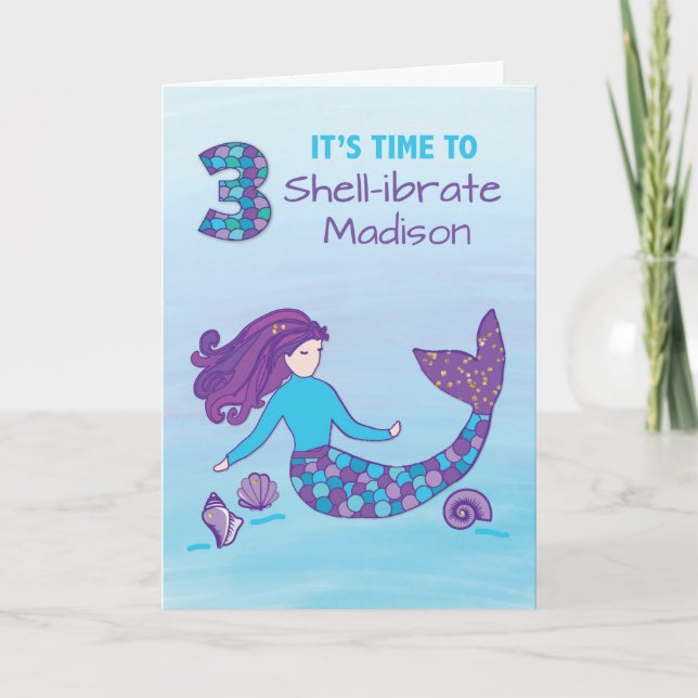 Custom Name 3rd Birthday Sparkly Look Mermaid Card (Front)