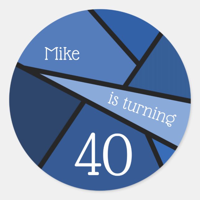 Custom Name 40th Birthday Abstract Blue Geometric Classic Round Sticker (Front)