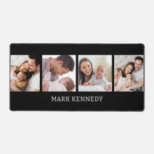 Custom Name 4 Photo Collage Personalised Black Desk Mat