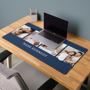 Custom Name 4 Photo Collage Personalised Blue Desk Mat