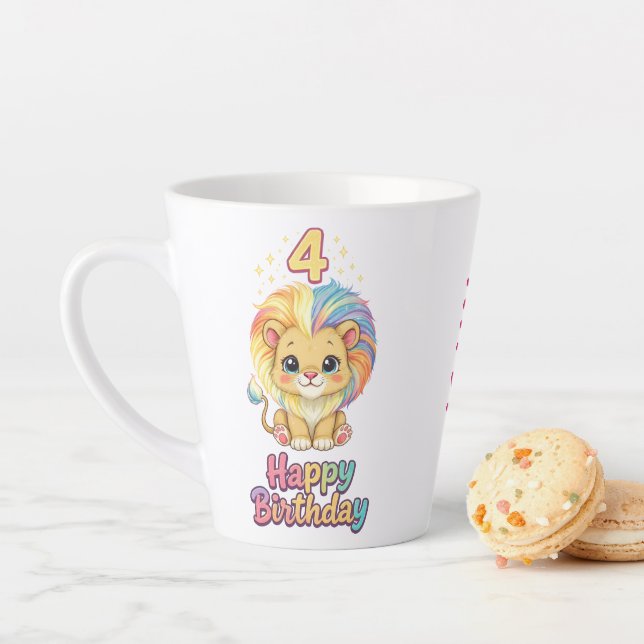 Custom Name 4th Birthday Cute Lion  Latte Mug (In Situ)