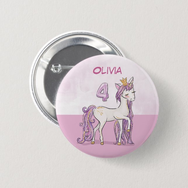 Custom Name 4th Birthday Pink Horse With Crown 6 Cm Round Badge (Front & Back)