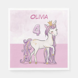 Custom Name 4th Birthday Pink Horse With Crown Napkin