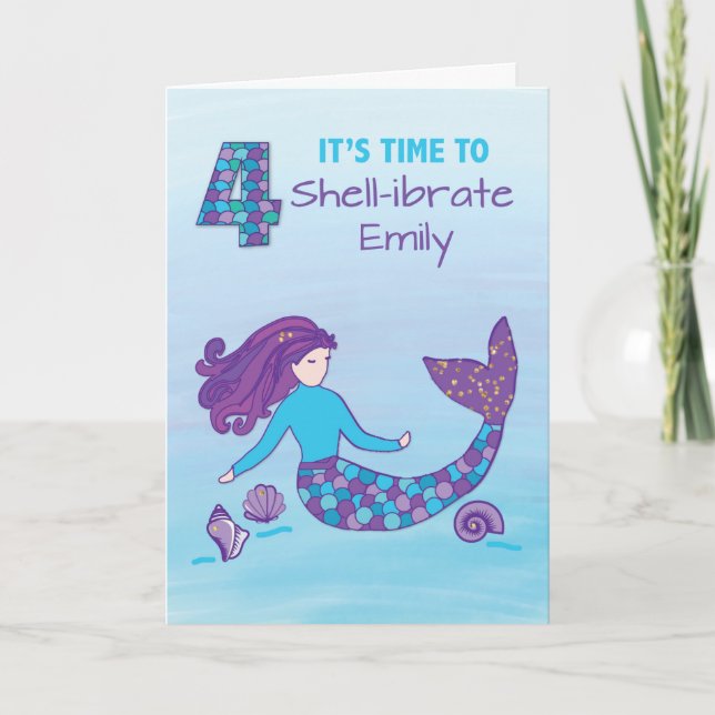 Custom Name 4th Birthday Sparkly Look Mermaid Card (Front)