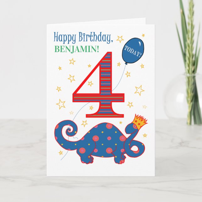 Custom Name 4th Birthday with Fun Dinosaur Card (Front)