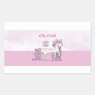Custom Name 5th Birthday Pink Horse With Crown Rectangular Sticker