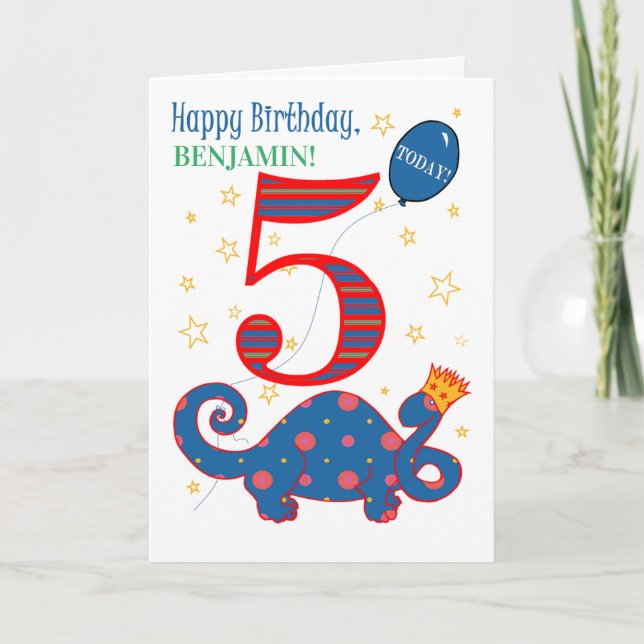 Custom Name 5th Birthday with Fun Dinosaur Card (Front)