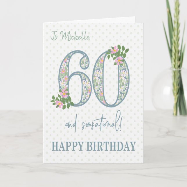 Custom Name 60th Birthday Floral and Polkas Card (Front)