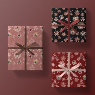 Custom Name + 6 Photo Rose Gold Glitter Snowflakes Wrapping Paper Sheet