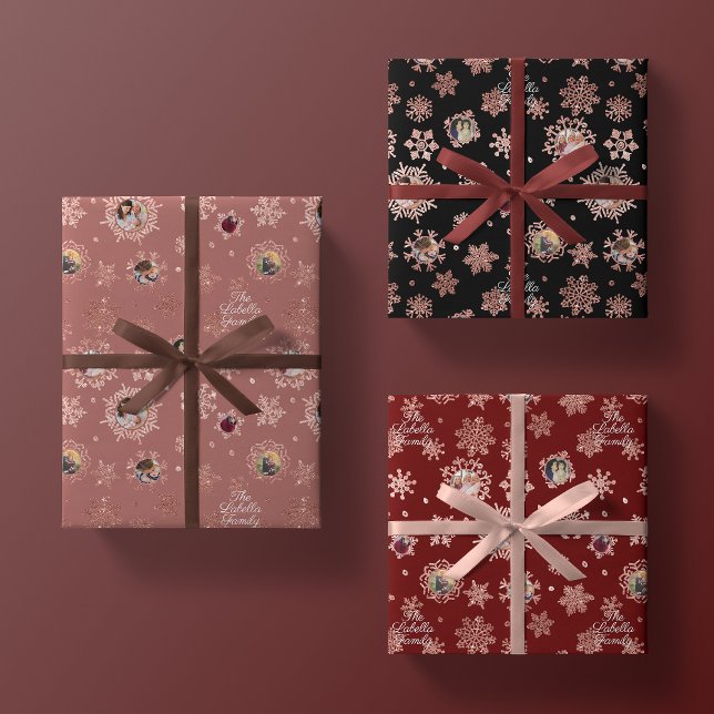 Custom Name + 6 Photo Rose Gold Glitter Snowflakes Wrapping Paper Sheet (Creator Uploaded)