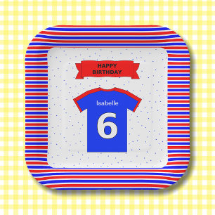 Custom name 6th birthday party red blue square paper plate