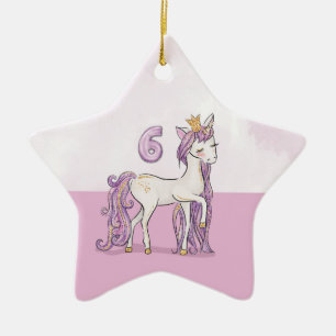 Custom Name 6th Birthday Pink Horse With Crown Ceramic Tree Decoration