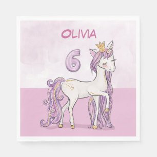 Custom Name 6th Birthday Pink Horse With Crown Napkin