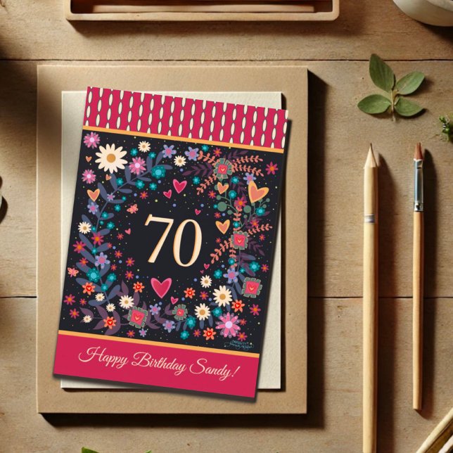 Custom Name 70th Birthday Floral Hearts Card (Creator Uploaded)