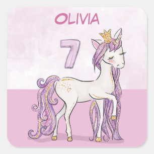 Custom Name 7th Birthday Pink Horse With Crown Square Sticker