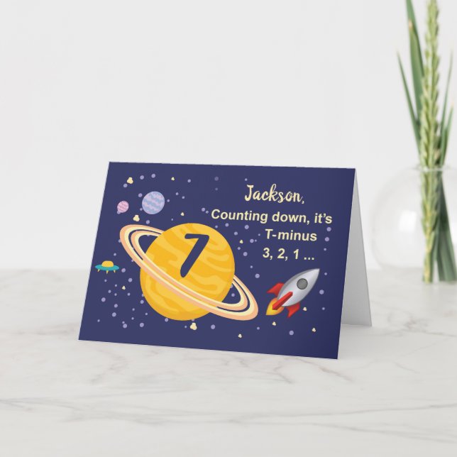 Custom Name, 7th Birthday Planets in Outer Space Card (Front)