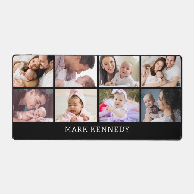 Custom Name 8 Photo Collage Personalised Black Desk Mat (Front)