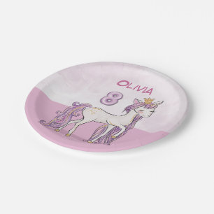 Custom Name 8th Birthday Pink Horse With Crown Paper Plate