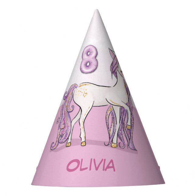 Custom Name 8th Birthday Pink Horse With Crown Party Hat (Front)