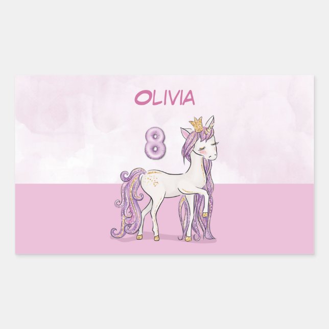 Custom Name 8th Birthday Pink Horse With Crown Rectangular Sticker (Front)