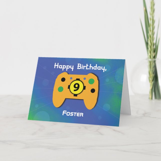 Custom Name 9 Year Old Birthday Gamer Controller Card (Front)