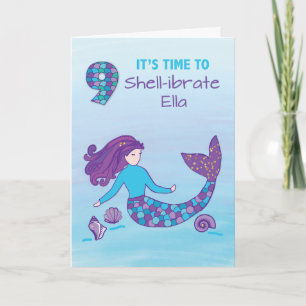 Custom Name 9th Birthday Sparkly Look Mermaid Card