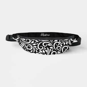Custom Name Abstract Floral Elegant Black & White Bum Bags